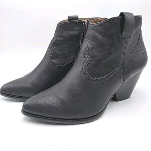 FRYE‎ REINA Ankle Booties 7.5  Black Side Zip Cowboy Boots Heel Leather Western